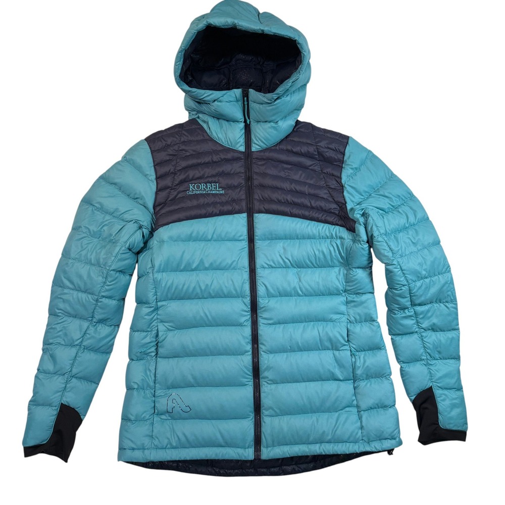 Flylow Betty 800 Fill Goose Down Hooded Puffer Jacket Womens Medium Teal Navy